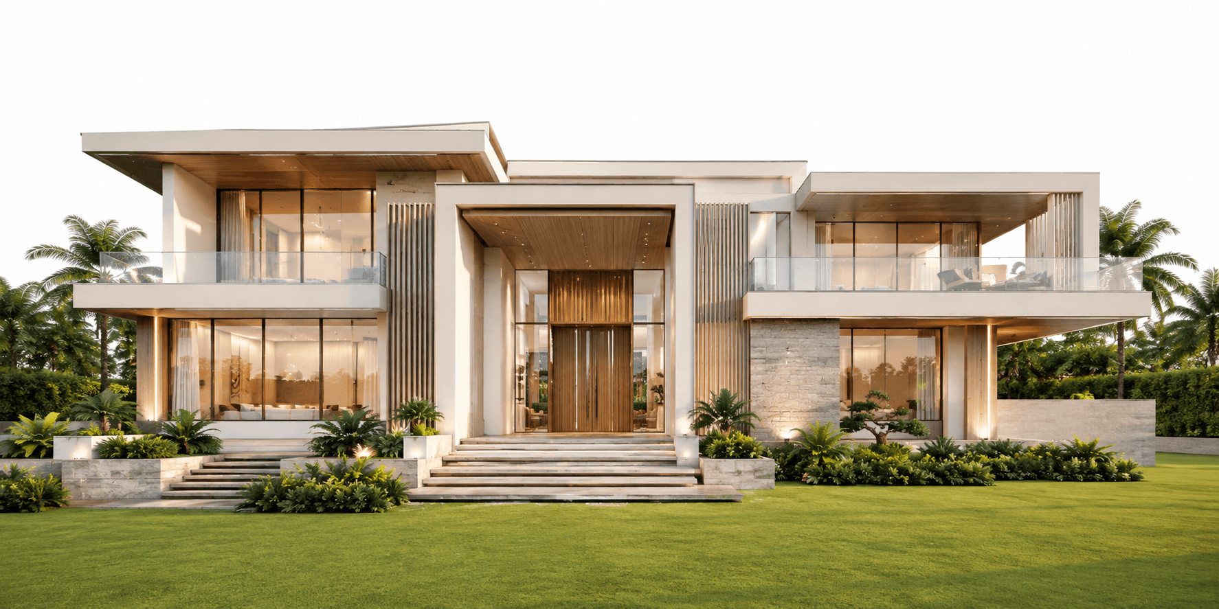 Expansive modern luxury home with manicured lawn and large glass facade