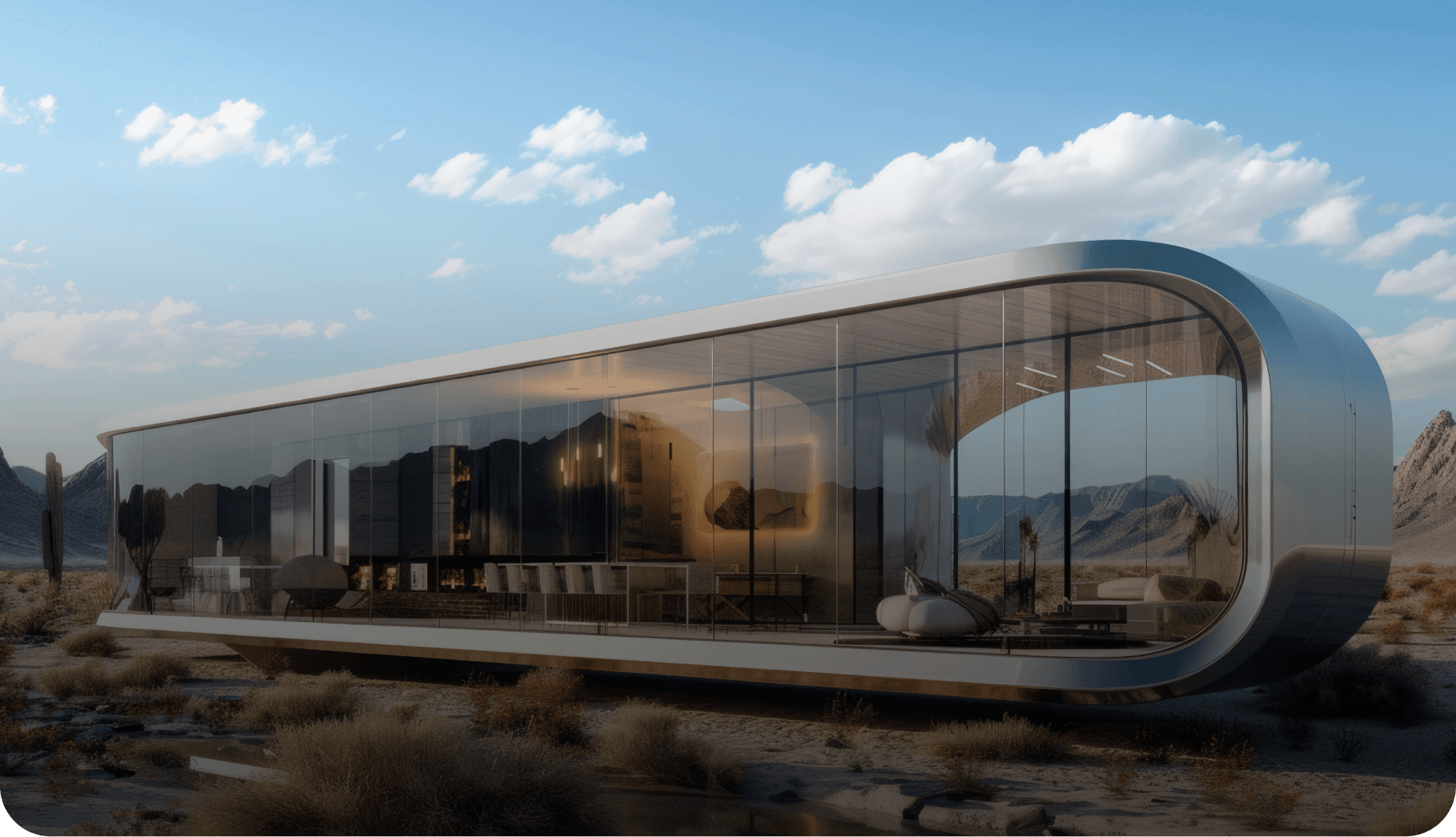 A modern glass capsule home set in a desert landscape at golden hour