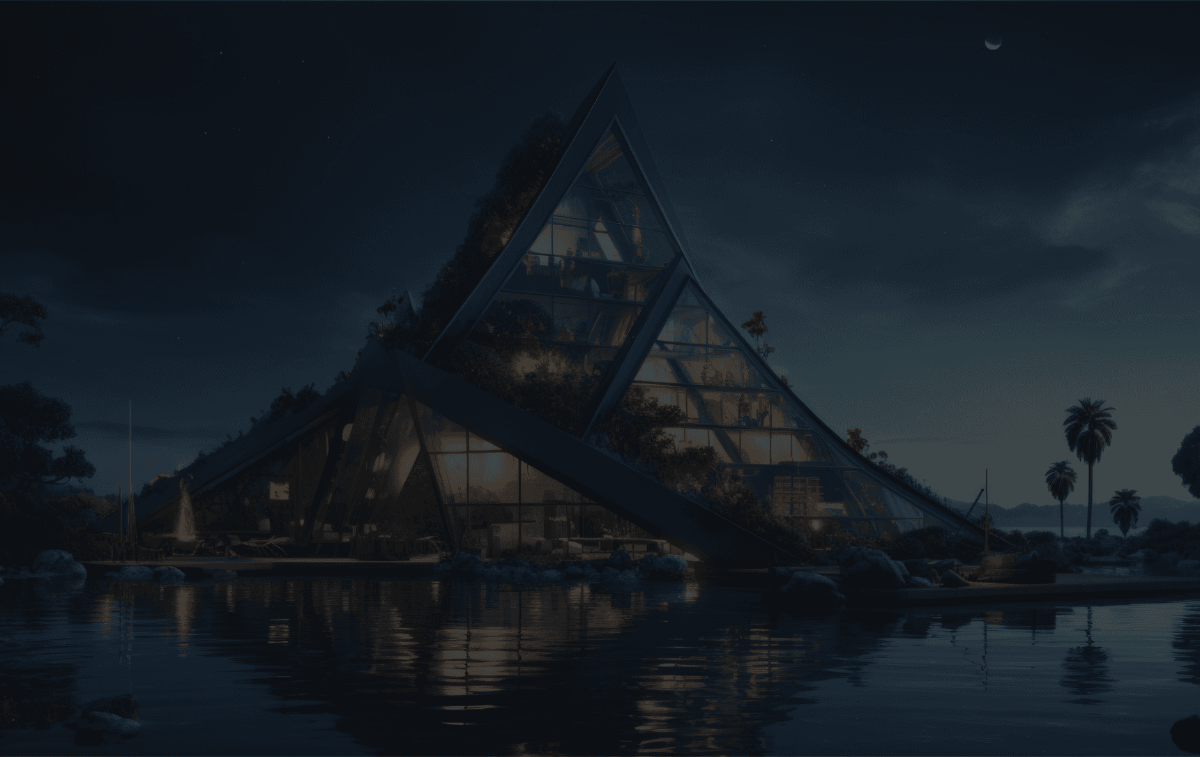 Illuminated triangular glass residence reflected in still water at dusk