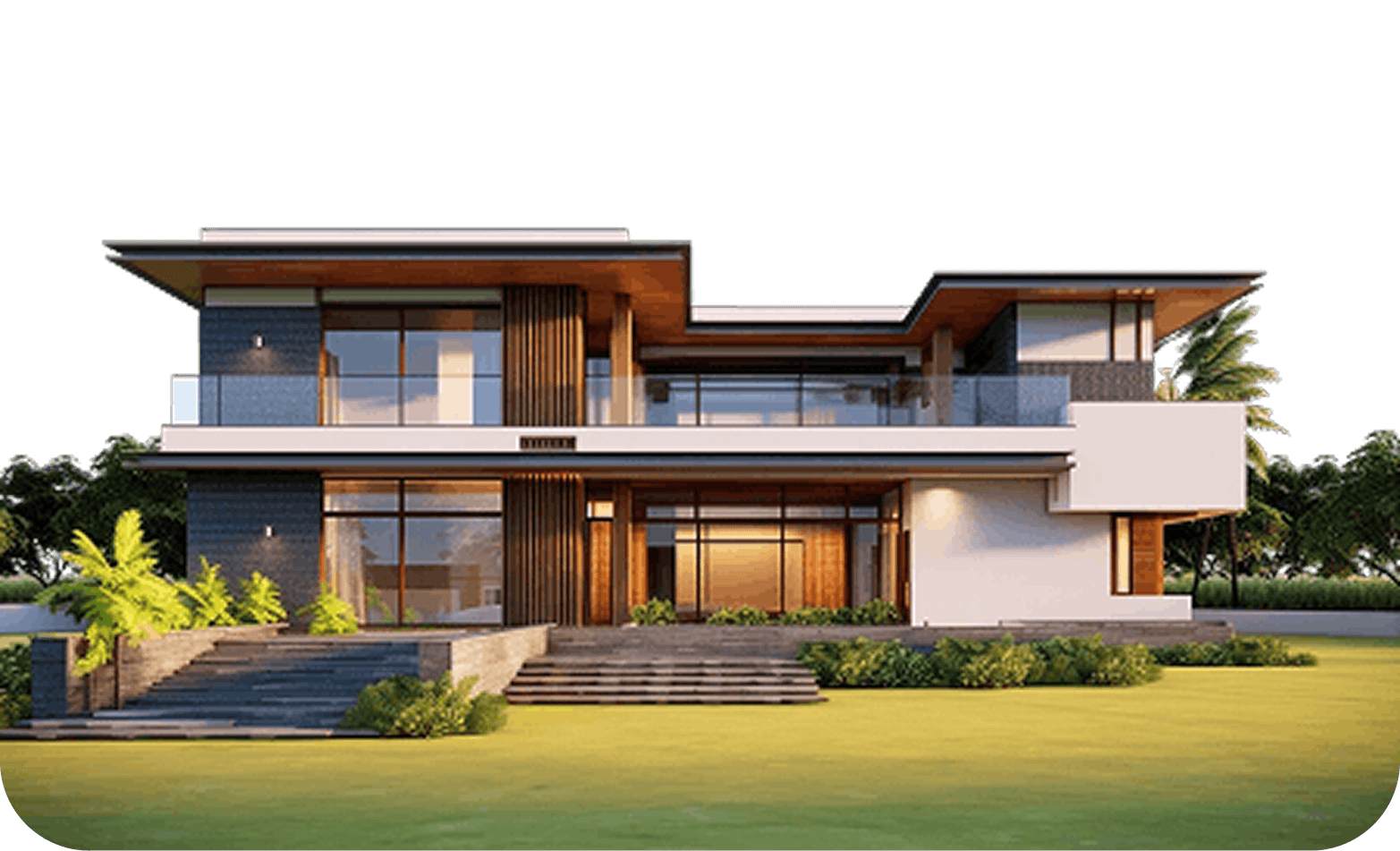 Expansive modern luxury home with manicured lawn and large glass facade